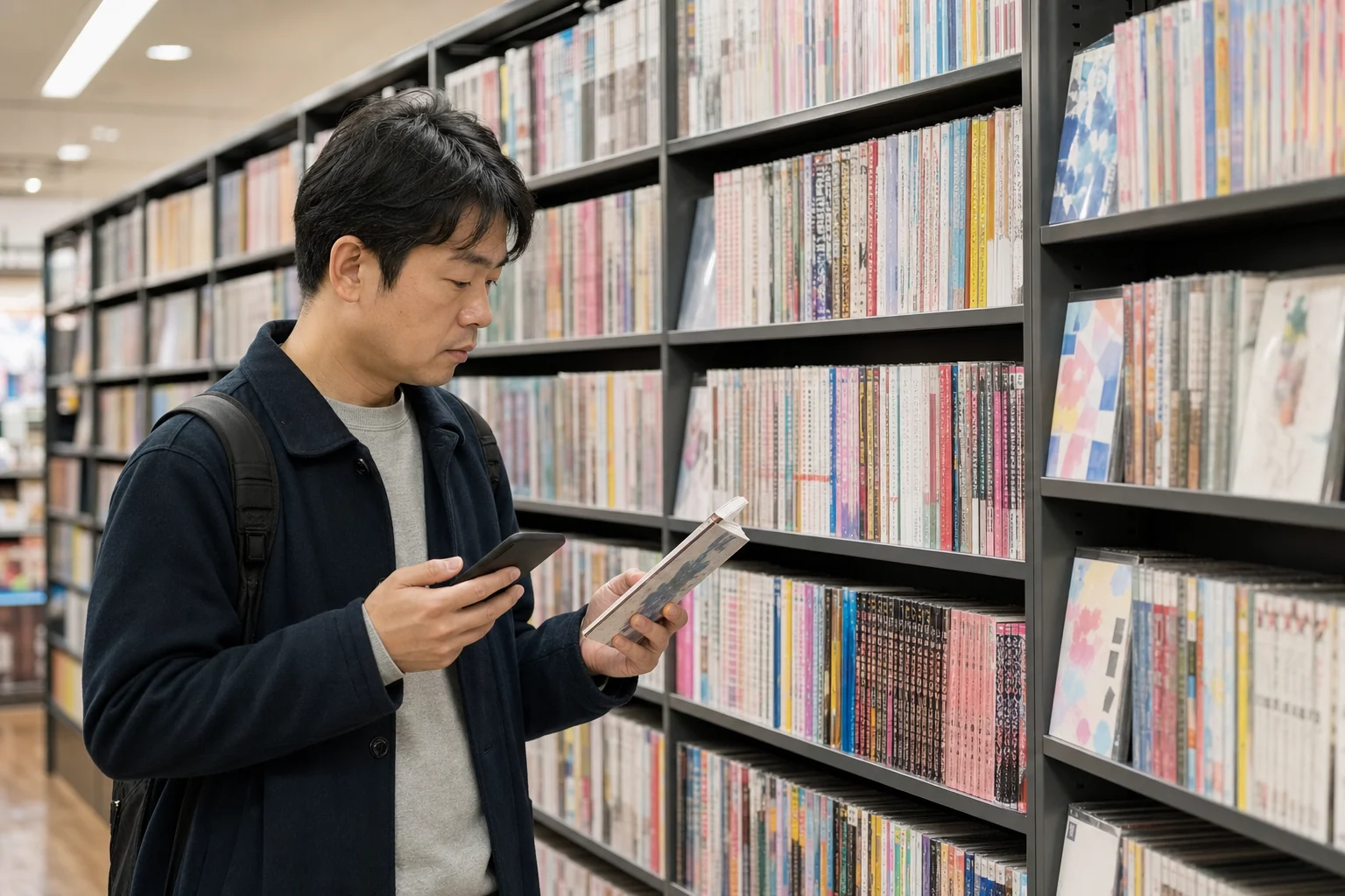 書店の漫画棚の前でスマートフォンを確認しながら本を選ぶ様子