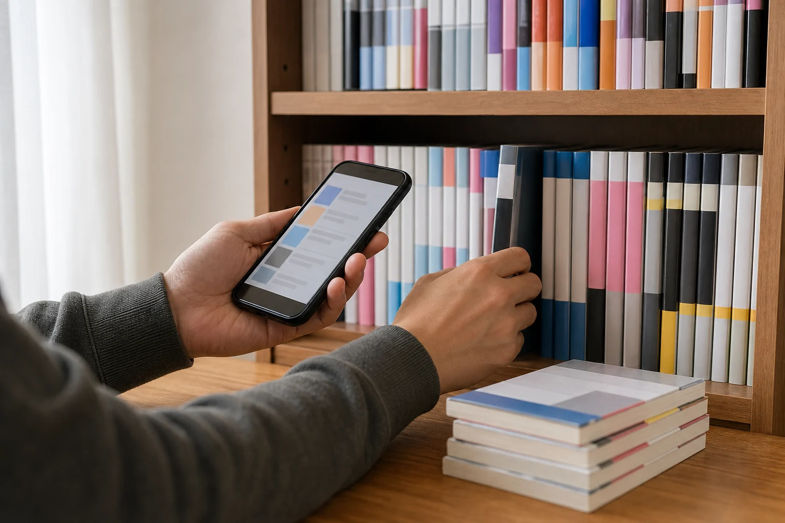 自宅の漫画本棚の前でスマートフォンを使って蔵書を整理する様子