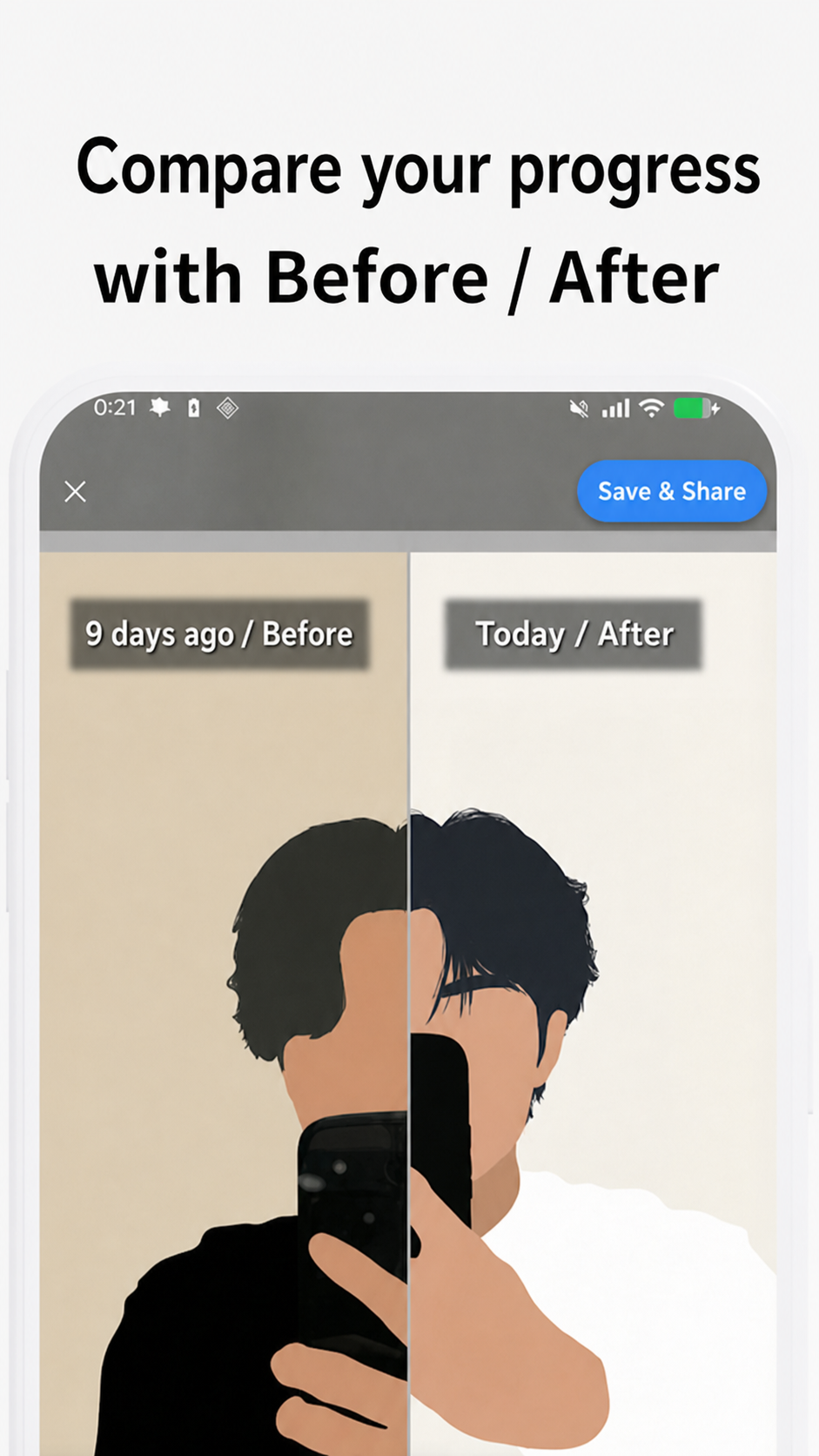 hairLogX comparison screen showing a salon result and styling at home