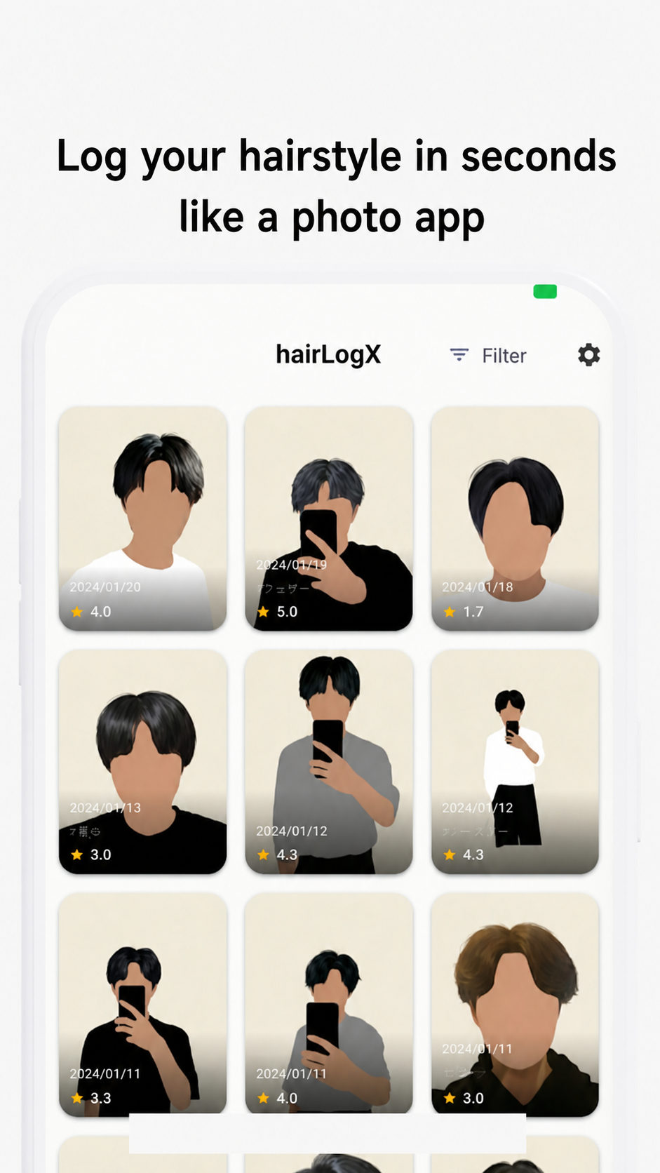 hairLogX screen for logging hairstyle photos
