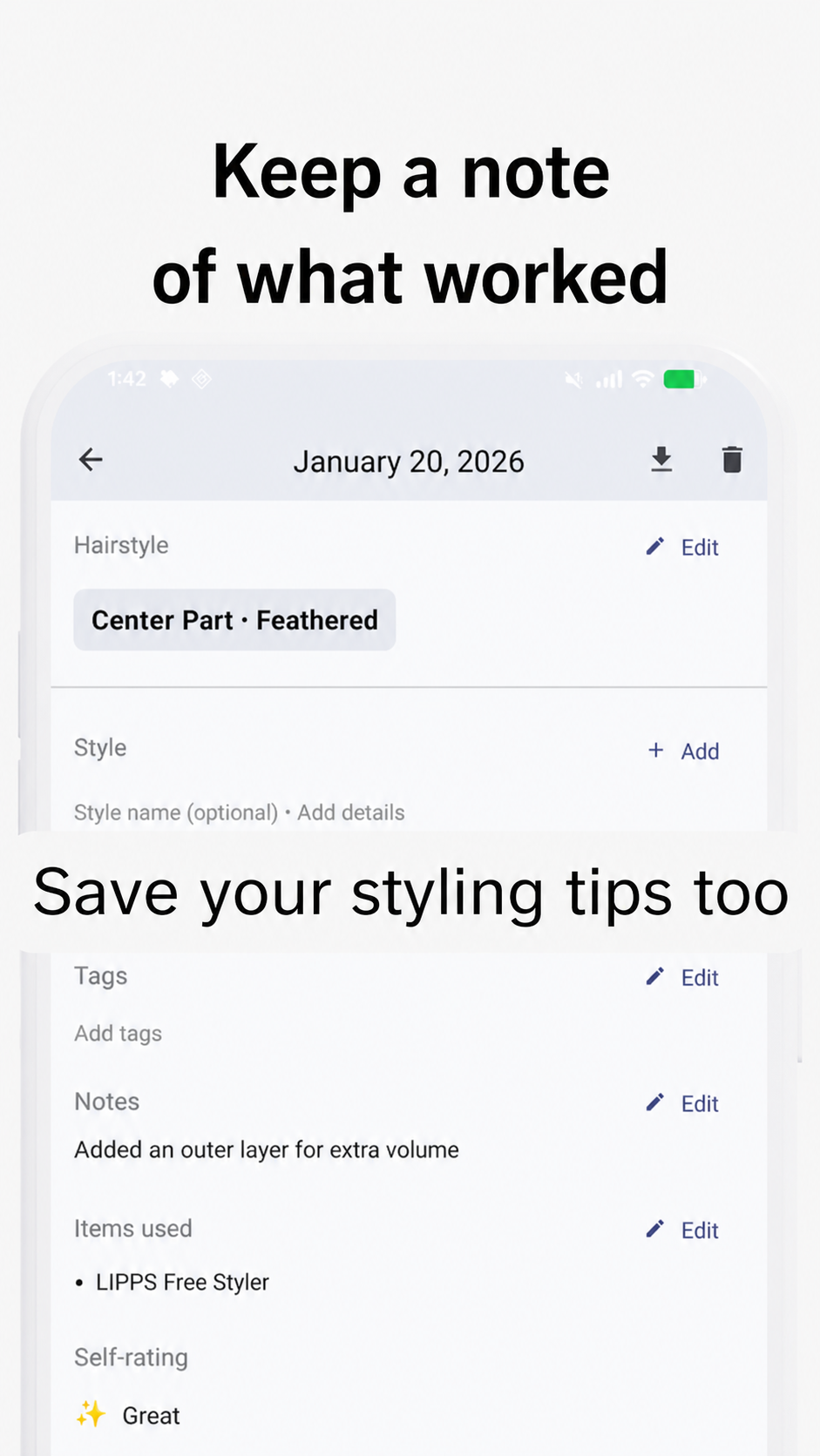 hairLogX screen for saving styling notes and products